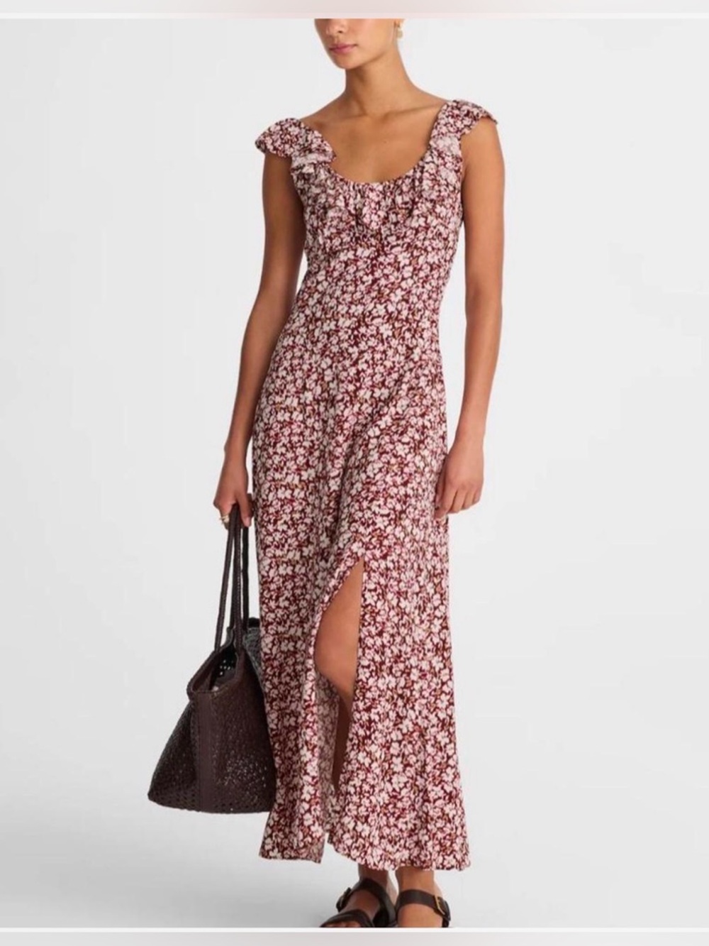 Madewell Ruffled Maxi Dress Burgundy Floral Leg Slit Womens Size 12 BNWOT